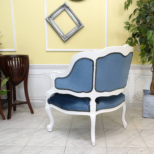 ロココ調家具クリスタルが綺麗なラブソファ：ブルー横91×奥行50cm