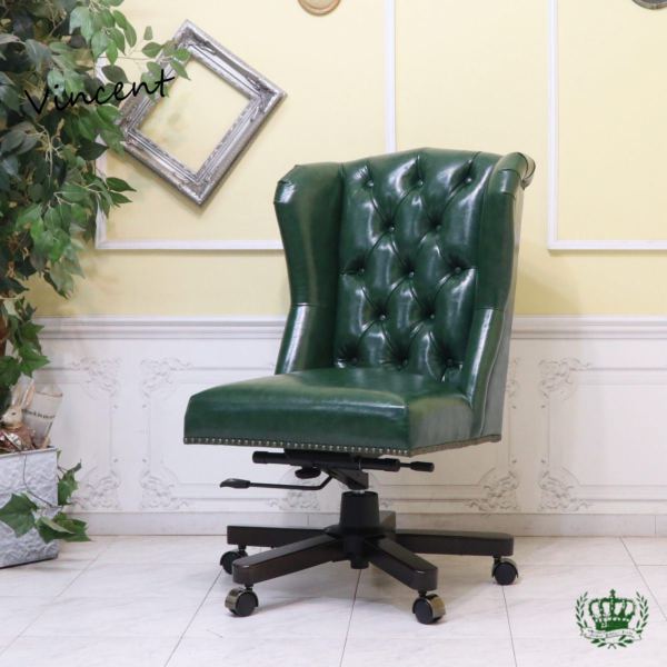 人気特売英国復刻アンティーク家具　ヴィンセントチェア　グリーンフェイクレザー　緑PUレザー　キャプテンオフィスチェア　9001-M-OF-P91B 椅子、チェア